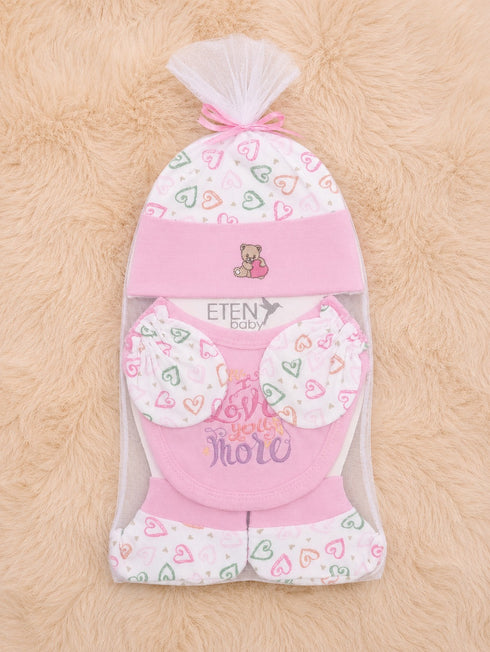 4 Pcs Baby Mittens, Cap, Bib & Socks Gift Set