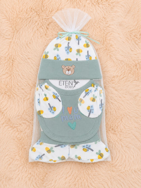 4 Pcs Baby Mittens, Cap, Bib & Socks Gift Set