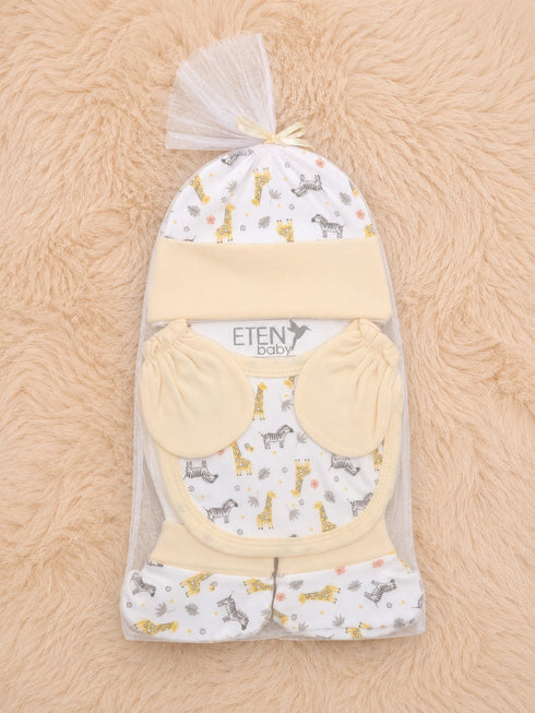 4 Pcs Baby Mittens, Cap, Bib & Socks Gift Set