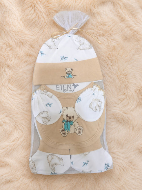 4 Pcs Baby Mittens, Cap, Bib & Socks Gift Set