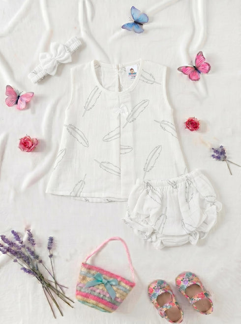 Feather Printed Bow Frock Set with Headband