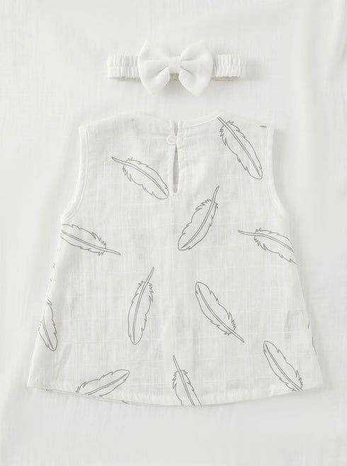 Feather Printed Bow Frock Set with Headband