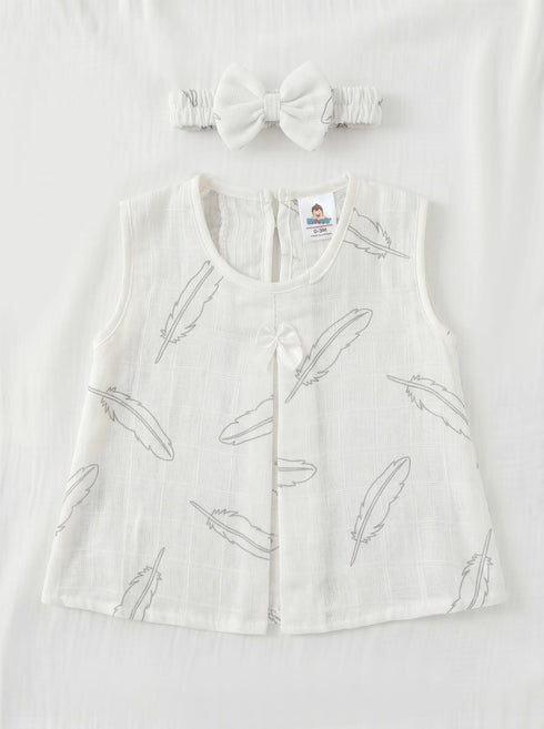 Feather Printed Bow Frock Set with Headband