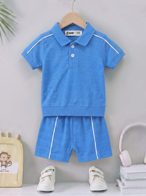 Jacquard Textured Polo Short Set (Blue)