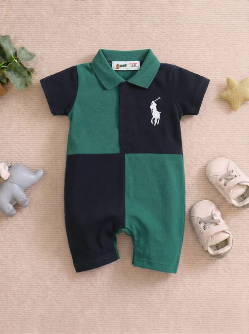 Green & Black Embroidered Color-Block Polo Romper