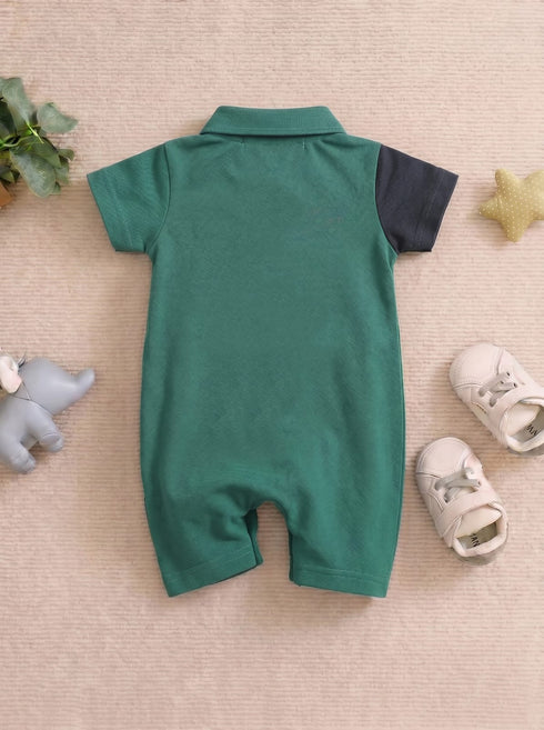 Green & Black Embroidered Color-Block Polo Romper