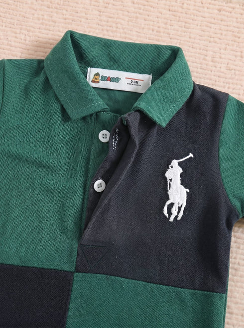 Green & Black Embroidered Color-Block Polo Romper