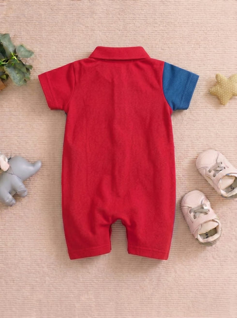Red & Blue Embroidered Color-Block Polo Romper