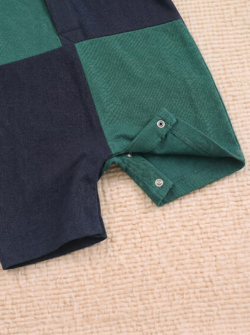 Green & Black Embroidered Color-Block Polo Romper