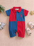 Red & Blue Embroidered Color-Block Polo Romper