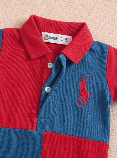 Red & Blue Embroidered Color-Block Polo Romper