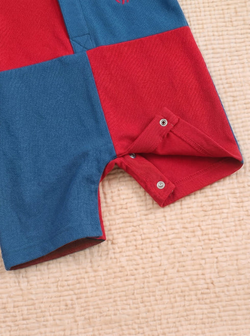 Red & Blue Embroidered Color-Block Polo Romper
