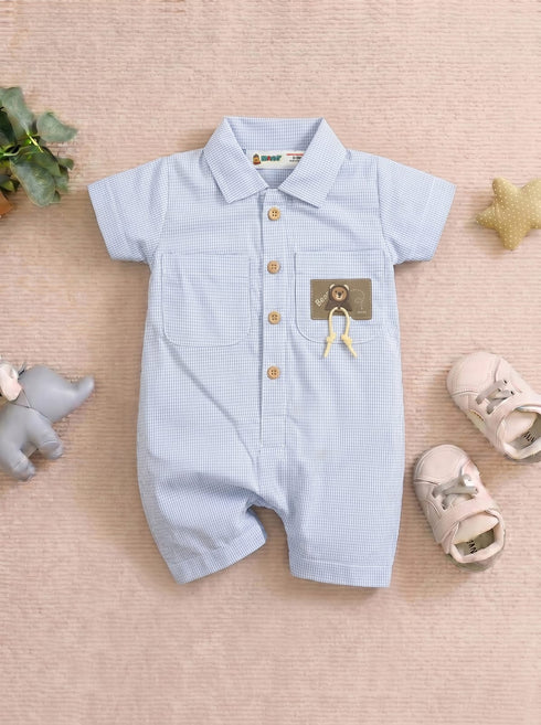 Playful Sky Blue Plaid Button-Up Romper