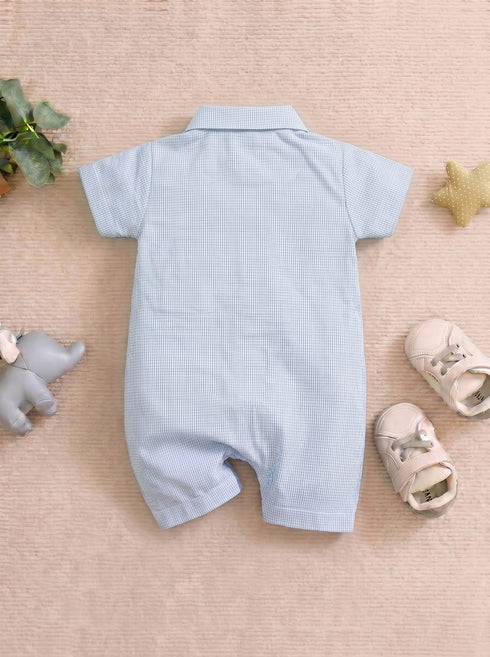 Playful Sky Blue Plaid Button-Up Romper