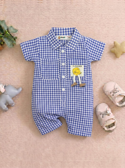 Playful Royal Blue Plaid Button-Up Romper