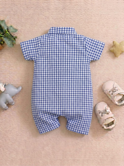Playful Royal Blue Plaid Button-Up Romper