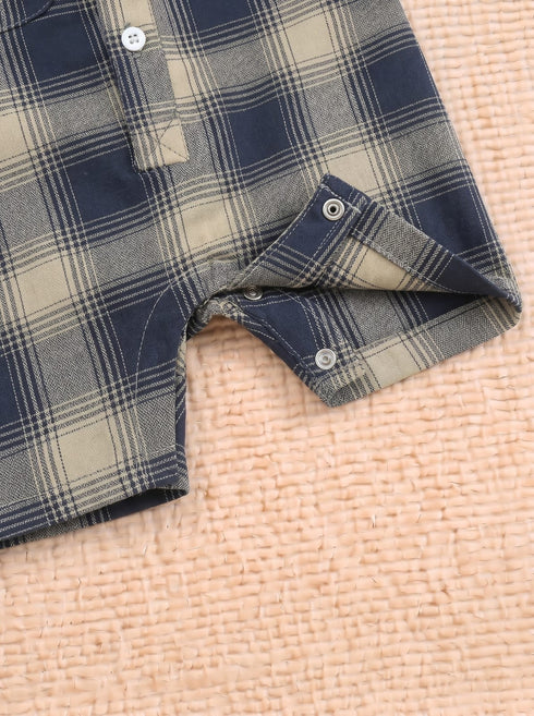 Playful Navy & Beige Plaid Button-Up Romper