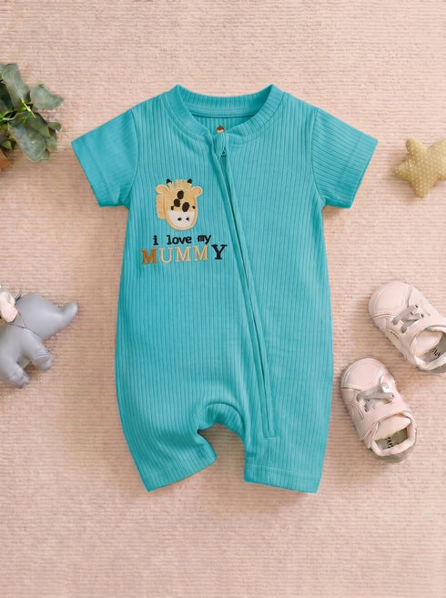 I Love Mummy Embroidered Zip-Up Romper (Turquoise)