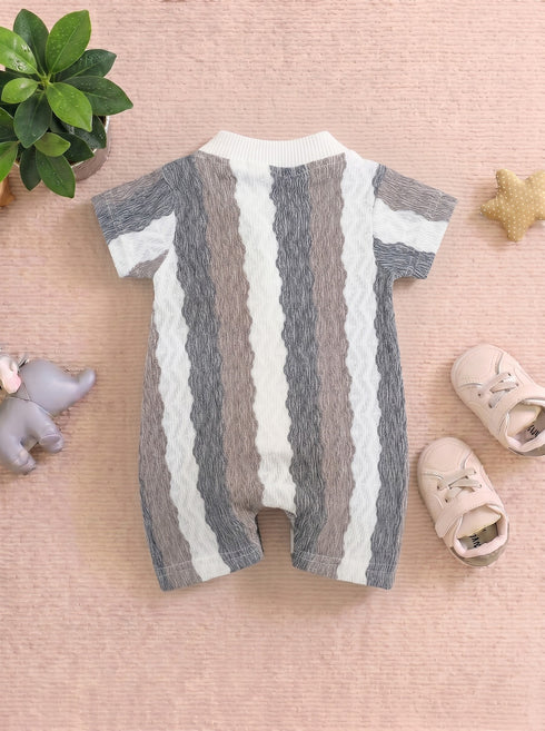 Brown & Black Striped Jacquard Button-Up Romper