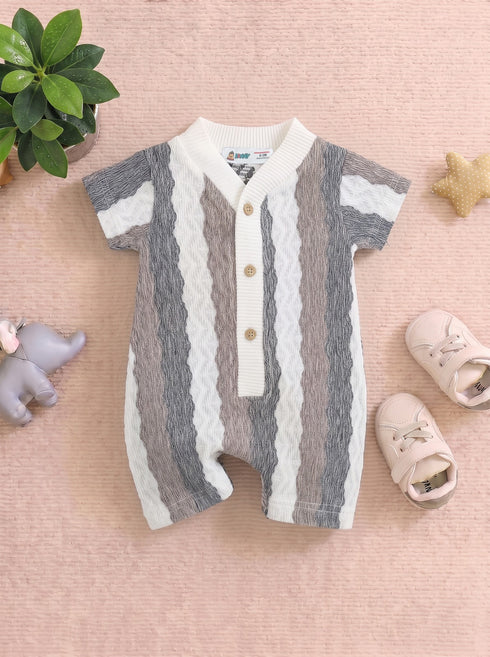 Brown & Black Striped Jacquard Button-Up Romper