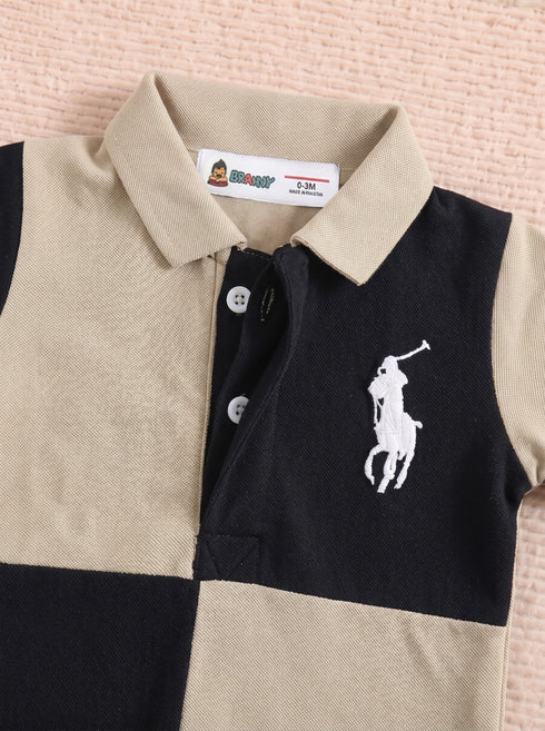 Black & Sand Embroidered Color-Block Polo Romper