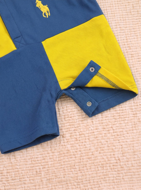 Yellow & Blue Embroidered Color-Block Polo Romper