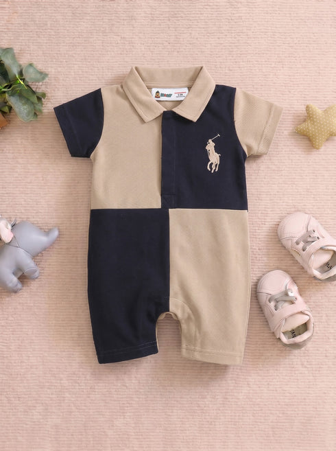 Black & Sand Embroidered Color-Block Polo Romper