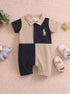 Black & Sand Embroidered Color-Block Polo Romper