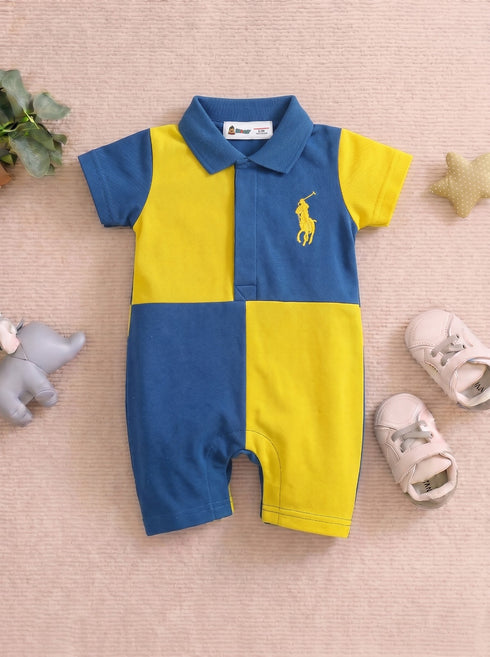 Yellow & Blue Embroidered Color-Block Polo Romper