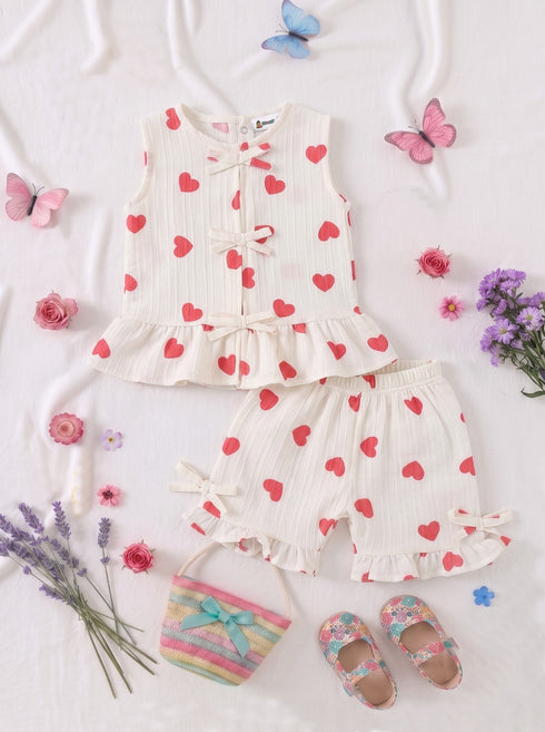Heart Printed Bow Detail Frock Set