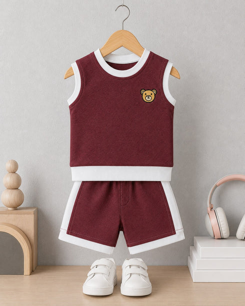 Burgundy Bear Embroidered Short Set