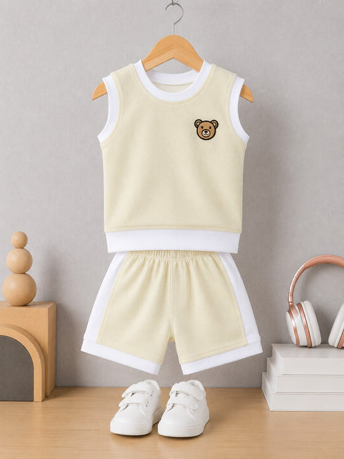 Beige Bear Embroidered Short Set