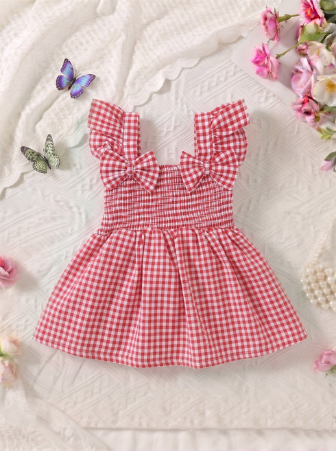 Red Plaid Smocked Bow Frock