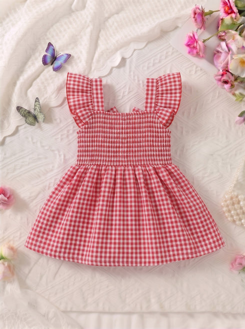 Red Plaid Smocked Bow Frock