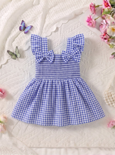 Blue Plaid Smocked Bow Frock