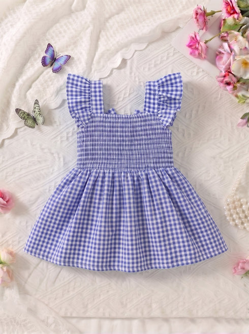 Blue Plaid Smocked Bow Frock