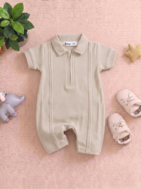 Beige Jacquard Textured Polo Romper