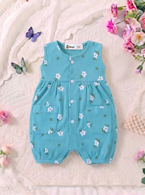 Turquoise Floral Front Open Buttoned Romper