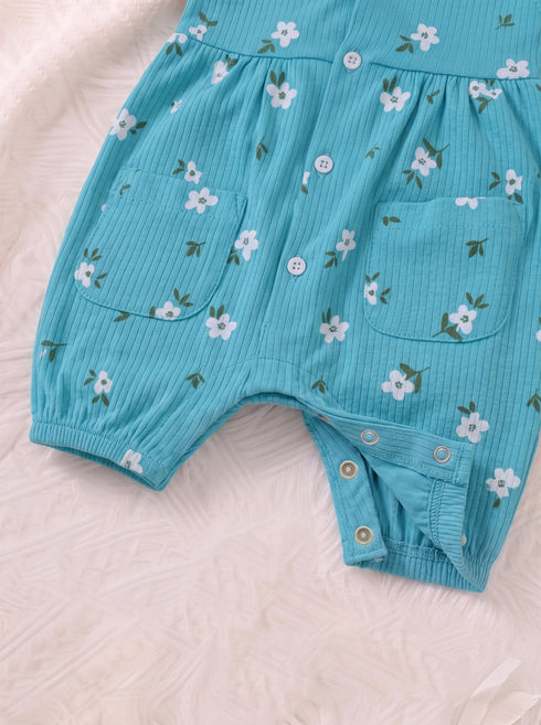 Turquoise Floral Front Open Buttoned Romper