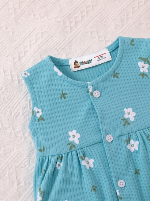 Turquoise Floral Front Open Buttoned Romper