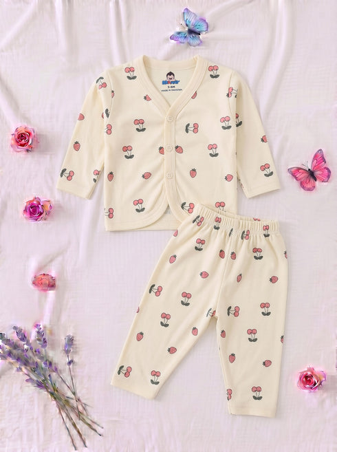 Cherry Berry Full Sleeve Night Suit Set (Light Yellow)