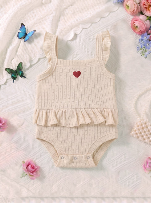 Beige Heart Embroidered Ruffle Grace Bodysuit