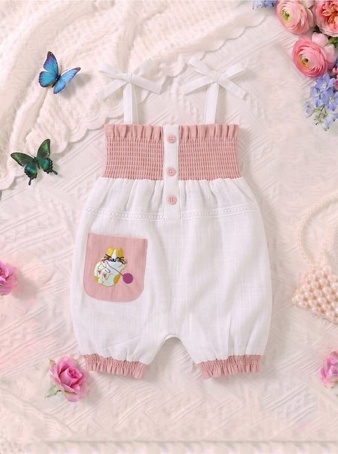 Kitty Embroidered Smocked Bow Romper (White)