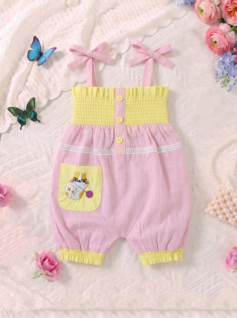 Kitty Embroidered Smocked Bow Romper (Pink)