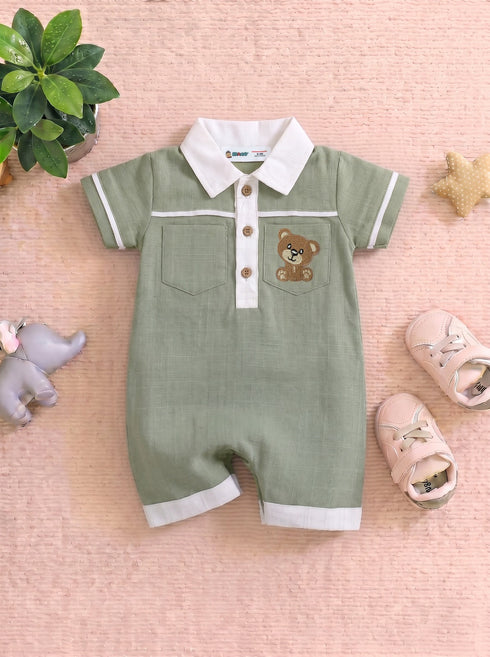 Bear Embroidered Polo Collar Romper (Olive Green)