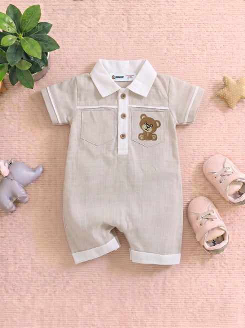 Bear Embroidered Polo Collar Romper (Beige)