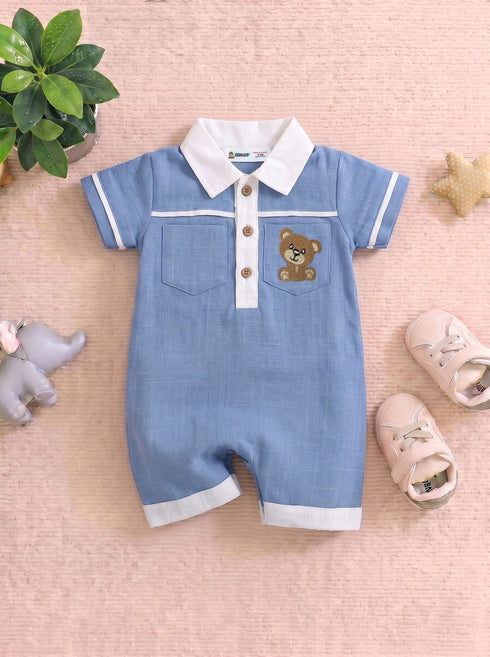 Bear Embroidered Polo Collar Romper (Blue)