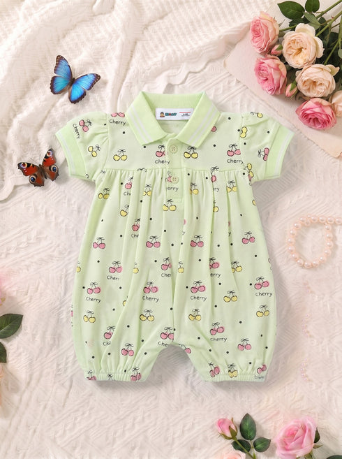 Cherry Printed Polo Collar Romper