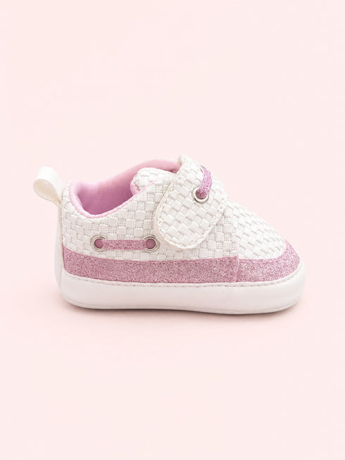 White & Pink Woven Texture Sneakers with Velcro Straps