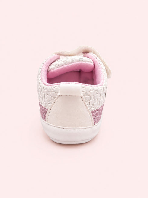 White & Pink Woven Texture Sneakers with Velcro Straps